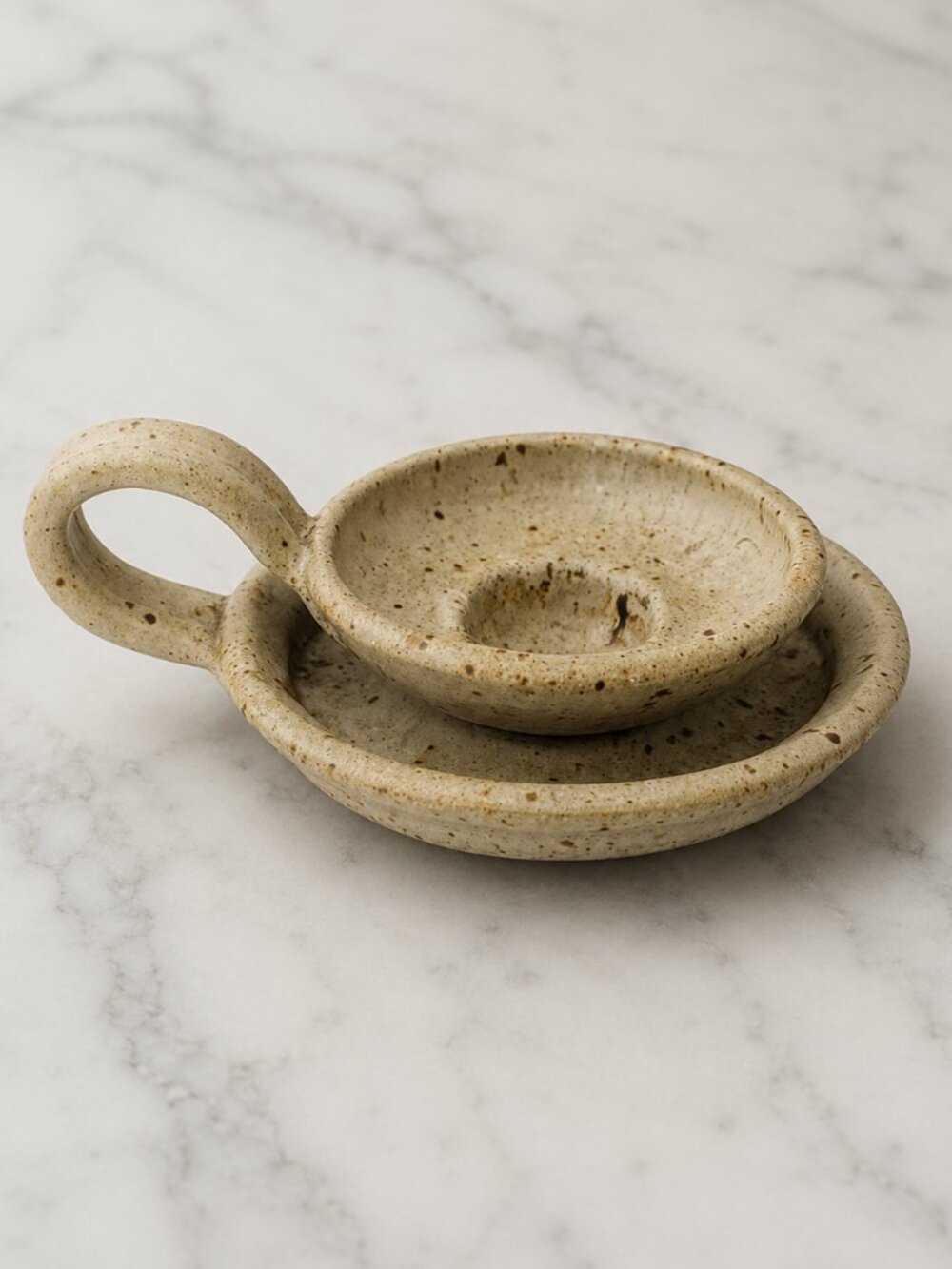 Signed Studio Pottery Candle Holder Dish Rustic Speckled Ceramic Chamberstick